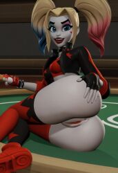 1girls ai_generated ass bubble_butt casino casino_table hand_on_butt harleen_quinzel harley_quinn looking_at_viewer looking_back lying_on_side multiversus presenting_pussy pussy solo solo_focus