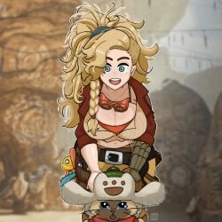 1girls absurd_res belt blonde_hair blue_eyes braid breasts cleavage female female_focus female_only freckles gemma_(monster_hunter_wilds) goggles large_breasts light-skinned_female light_skin messy_hair midriff monster_hunter monster_hunter_wilds owlyn palico pants stomach