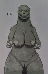 anthro benzoit big_breasts breasts female front_view genitals godzilla godzilla_(series) hi_res kaiju non-mammal_breasts nude pussy rule_63 scalie signature solo toho traditional_media_(artwork) yellow_eyes