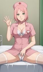 aged_up ai_generated ass bigmic145 boruto:_naruto_next_generations bra breasts cleavage female female_only medium_breasts naruto naruto_(series) nurse nurse_cap nurse_uniform panties pink_hair sakura_haruno short_hair stripping thighhighs