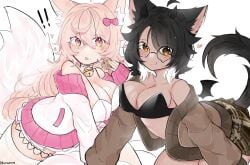 2girls black_hair blush catgirl cleavage crop_top dark-skinned_female fox_girl glasses looking_at_viewer pink_hair remiune skirt surprised