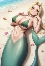 ai_generated big_breasts bikini green_tail laying_down mermaid naruto_(series) poptoonz tagme tsunade