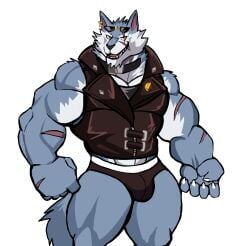 anthro balls bara barazoku bulge canine darknaigart dislyte flaccid freddy_(dislyte) furry gay male male_only muscles muscular pantsless penis scar scar_across_eye scars_all_over solo solo_male sunglasses underwear wolf yellow_eyes