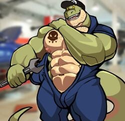 anthro balls bara barazoku bulge darknaigart dinosaur flaccid jace_(darknaig) male male_only mechanic muscles muscular open_clothes penis scalie solo solo_male tyrannosaurid tyrannosaurus tyrannosaurus_rex