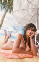 3d ass bangs barefoot beach beach_towel beach_umbrella bikini_tan black_hair blue_sky breasts brown_eyes brown_hair clothing cloud completely_nude day feet feet_up female female_only final_fantasy final_fantasy_vii final_fantasy_vii_remake hair_between_eyes hand_on_own_cheek hand_on_own_face head_rest large_breasts legs_up lips long_hair looking_at_viewer lying nipples nose nude on_stomach outdoors palm_tree red_eyes ria-neearts sand sky smile soles solo summer tanlines the_pose tifa_lockhart toes towel tree umbrella water