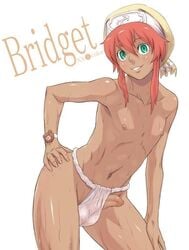 1boy androgynous bridget bulge dark-skinned_femboy dark-skinned_male dark_skin decko erection femboy flat_chest girly green_eyes guilty_gear hat lingerie long_hair male male_only nipples orange_hair panties penis solo sweat tan_skin uncensored wet