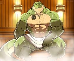 anthro bara barazoku darknaigart dinosaur jace_(darknaig) male male_only muscles muscular sauna scalie sitting solo solo_male steam sweat sweating towel towel_around_waist tyrannosaurid tyrannosaurus tyrannosaurus_rex