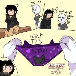 asking_a_question black_hair cat_panties catboy femboy holding_panties komi_face oc original original_character panties purple_underwear shocked_expression veekee_(veekittynya) veekittynya wearing_clothes y/n_(your_name)