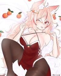 big_breasts blush cleavage fox_ears fox_girl imminent_sex in_bed remiune tangerine_(fruit) thick_ass tongue_out winking_at_viewer