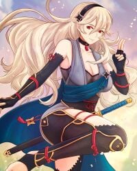 1girls absurd_res big_breasts black_choker black_gloves black_hairband choker cleavage corrin_(female)_(ninja)_(fire_emblem) corrin_(fire_emblem) corrin_(fire_emblem)_(female) elbow_gloves feet_out_of_frame fingerless_gloves fire_emblem fire_emblem_fates fire_emblem_heroes fishnet_top fishnets gloves grey_hair hairband high_res legs long_hair looking_at_viewer medium_breasts nintendo no_shoes official_alternate_costume pointy_ears red_eyes salute smile standing standing_on_one_leg stirrup_legwear tassel_choker thighs toeless_legwear truejekart two-finger_salute