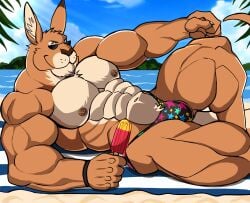 anthro balls bara barazoku beach big_muscles bulge darknaigart flaccid furry gay kangaroo lying_on_back male male_only muscles muscular muscular_male penis solo solo_male star sunglasses thick_thighs underwear underwear_only