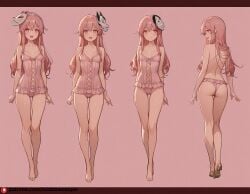 :d ai_generated ass breasts feet hata_no_kokoro nipple_outline open_mouth pink_eyes pink_hair small_breasts toes touhou