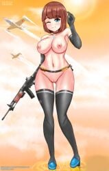 airplane assault_rifle blas7hatvga blue_eyes bouncing_breasts breasts brown_hair exhibitionism full_body holding_weapon naked naked_footwear nude nude_female original outdoor_nudity outdoors public public_nudity ryuko_mitsuka_(blas7hatvga) thighhighs weapon