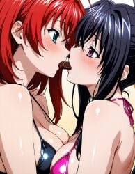 2girls ahoge ai_generated akeno_himejima black_hair blue_green_eyes blush bra breasts_pressed_together breasts_to_breasts chocolate couple crimson_hair female_only high_school_dxd large_breasts lesbian light_skin looking_at_each_other rias_gremory violet_eyes yuri