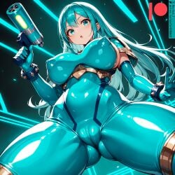 ai_generated bodysuit breasts female kuriboh_ex_(artist) latex latex_clothing latex_suit oppai rubber rubber_clothing rubber_suit skin_tight turquoise_eyes turquoise_hair