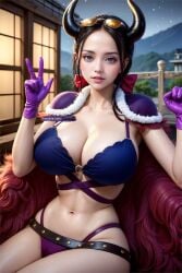 ai_generated blue_bra blue_eyes brown_hair brunette cape cleavage coomette female female_only gloves horns japan nico_robin one_piece purple_gloves purple_panties sunglasses