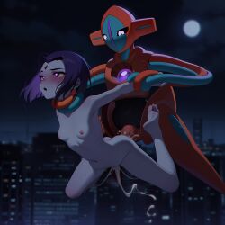 1boy 1girls ai_generated arm_grab arm_held_back blush breasts crossover cum cum_inside dadfox dc dc_comics deoxys ejaculation female floating flying human male male/female male_pokemon/female_human midair midair_sex neck_grab night nude outdoors pleasure_face pokemon pokemon_(species) pokephilia purple_eyes purple_hair raven_(dc) sex sex_from_behind sex_in_the_air stomach_bulge sweat teen_titans
