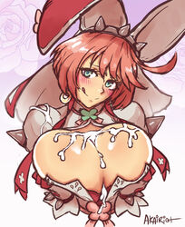 1boy 1girls :q after_sex ahoge akairiot blue_eyes blush breast_lift breast_squeeze breasts bursting_breasts cleavage cleavage_cutout clover cum cum_on_body cum_on_breasts cum_on_upper_body elphelt_valentine faceless_male female four-leaf_clover fully_clothed gloves guilty_gear guilty_gear_xrd hairband head_tilt highres huge_ahoge large_breasts licking_lips looking_at_viewer male pink_hair short_hair solo_focus spikes tongue tongue_out uncensored