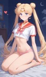 ai_generated bedroom belly bishoujo_senshi_sailor_moon blonde_hair blue_eyes choker circlet clothing crescent_earrings crescent_moon crop_top double_bun earrings midriff navel no_pants panties sailor_moon sailor_uniform skinny small_breasts twintails underwear