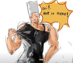 antihamon blush english_text gay jean_pierre_polnareff jojo's_bizarre_adventure latex male male_only muscular pulling_shirt speech_bubble stardust_crusaders sweat white_hair