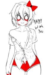 1female blood boobs bow breasts doki_doki_literature_club english_text female_focus female_only hair_bow hairbow red_bow red_hair_bow red_hairbow sayori_(doki_doki_literature_club) shorts sideboob sketch_sayori_(doki_doki_literature_club) somnipheromone text