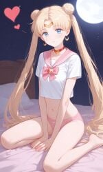 ai_generated bedroom belly bishoujo_senshi_sailor_moon blonde_hair blue_eyes choker circlet clothing crescent_earrings crescent_moon crop_top double_bun earrings midriff navel no_pants panties sailor_moon sailor_uniform skinny twintails underwear