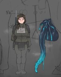 alien_genitalia brown_hair degrading_accessory doodle dripping female_soldier gun large_breasts meat_toilet plaque sign_around_neck size_difference stirrups tentacle tentacle_penis text_on_clothing