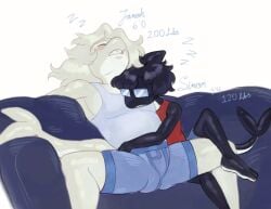 albino anthro anthro_orca boxers chilling couch cuddling digital_drawing_(artwork) digital_media_(artwork) glasses grabbing_waist head_fin head_on_chest height_comparison hugging hugging_waist intraspecies light_skin long_hair long_hair_male male male/male male_focus male_only mr_shrink napping no_sex no_visible_genitalia orca_tail sharp_teeth size_comparison size_difference sleeping sleepy stats tank_top underwear weight_comparison white_markings wholesome zzz