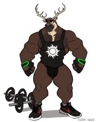 anthro antlers balls bara barazoku bulge darknaigart deer flaccid furry gay gym gym_uniform jett_(darknaig) male male_only muscles muscular partially_clothed penis solo solo_male