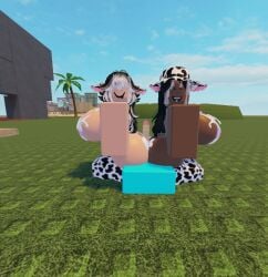 1boy 2girls black_and_white_hair black_hair cock_between_ass cow_print_thighhighs cum_on_ass cum_on_breasts cum_on_face dark-skinned_female looking_at_viewer repost roblox roblox_avatar robloxian whorblox_adventure