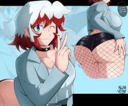 ass ass_focus big_ass big_breasts blue_eyes female fishnet_stockings short_clothing short_shorts smiley_face tam_m3 tam_m3_(artist) text white_hair yultarinn