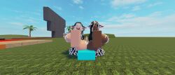 1boy 2girls black_and_white_hair cock_between_ass cow_print_thighhighs cum_on_ass cum_on_breasts cum_on_face dark-skinned_female looking_at_viewer whorblox_adventure