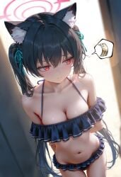 1girls ai_generated anthro blue_archive blush breasts cat_ears catgirl cleavage money petite prostitution serika_(blue_archive) serika_(swimsuit)_(blue_archive) small_breasts thought_bubble