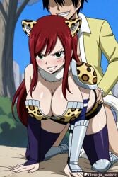 1girl1boy ai_generated animal_ears big_breasts blush cleavage doggy doggy_style doggy_style doggy_style erza_scarlet fairy_tail female huge_breasts long_hair omega_weirdo outdoors patreon red_hair sex shoulder_pad smile smiling taken_from_behind tiger_print