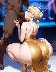 1girls ai_generated artoria_pendragon blonde_hair curvy curvy_figure dress fate/grand_order fate/stay_night fate_(series) floox huge_ass saber thick_thighs wide_hips yellow_dress