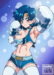 1girls ami_mizuno artist_name bishoujo_senshi_sailor_moon blue_eyes blue_hair blush boxing_gloves breasts character_name choker clothed cowboy_shot crop_top erect_nipples hi_res karosu-maker looking_at_viewer matching_hair/eyes midriff navel nipple_slip nipples no_bra paid_reward_available punch punching sailor_mercury short_hair short_shorts shorts small_breasts solo sportswear standing thighhighs tiara toned toned_female