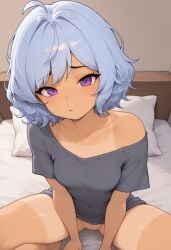 above_view ai ai_generated anime anime_style cheek civitai cute cute_face eyes fear girlfriend gray_shirt káeli_xyovka_(character) kaybur_(series) kneeling kneeling_female kneeling_oral_position la_coroneta_(series) looking_at_viewer nervous nervous_female nervous_smile only_female open_legs panties panty pov pov_male purple purple_eyes purple_panties pussy shirt shirt_only short_hair short_hair_female shy shy_female sitting sitting_on_bed skyblue_hair small_breasts typh