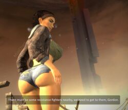 1girls 3d alyx_vance big_ass big_breasts black_hair citadel clothed curvy curvy_female curvy_figure dystopia fat_ass female female_only half-life half-life_2 jacket jacket_open looking_at_viewer looking_back miaschani short_hair shorts solo solo_female text text_box tomboy top_heavy valve video_game video_game_character video_game_franchise video_games wide_hips