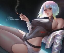 1girls big_ass big_breasts bootybear cigarette cyberpunk:_edgerunners cyborg female female_only leotard light-skinned_female lucyna_kushinada navel netflix nipple_bulge sideboob skindentation studio_trigger thick_thighs tight_clothing