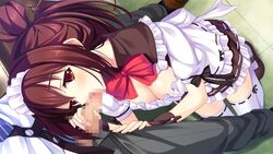 1boy 1girls breasts brown_eyes brown_hair censored cleavage fellatio female game_cg highres hoshina_yuki hoshina_yuuki_(lovesick_puppies) kneeling lovesick_puppies maid maid_uniform mary_janes oral rozen5 shoes thighhighs