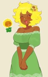 blonde_hair blush dark_skin dress flower_in_hair freckles green_dress huge_breasts humanoid meow_boop plant plants_vs_zombies sunflower sunflower_(pvz)