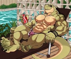 anthro balls bara barazoku bulge darknaigart dinosaur flaccid jace_(darknaig) male male_only muscles muscular penis scalie solo solo_male sunglasses tyrannosaurid tyrannosaurus tyrannosaurus_rex