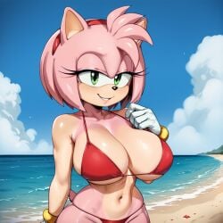 ai_generated amy_rose beach bikini cleavage furry furry_female green_eyes huge_breasts navel outdoors outside pink_fur pink_hair red_bikini sonic_(series) sonic_the_hedgehog_(series) stable_diffusion white_gloves