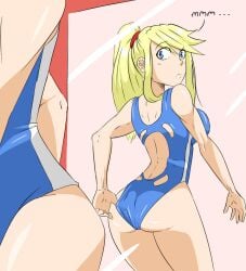 1girls adjusting_clothes adjusting_swimsuit ass back blonde_hair blue_eyes blue_one-piece_swimsuit blue_swimsuit breasts competition_swimsuit medium_breasts metroid mirror mirror_reflection nintendo one-piece_swimsuit ponytail samus_aran swimsuit zeromomentai