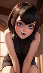 ai_generated black_clothing black_hair black_lipstick black_shorts blue_eyes female female_only goth hotel_transylvania legs looking_at_viewer mavis_dracula picsart shorts sleeveless smile teenage_girl teenager vampire