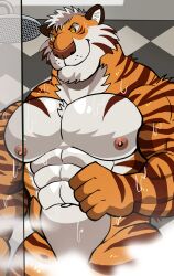 anthro bara barazoku darknaigart furry male male_only muscles muscular nude shower solo solo_male tiger wet