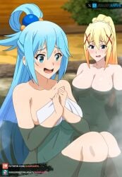 2girls ai_generated aqua_(konosuba) aqua_eyes blonde_hair blue_hair darkness_(konosuba) hair_ornament juanpiamvs kono_subarashii_sekai_ni_shukufuku_wo! konosuba long_hair patreon patreon_username subscribestar subscribestar_username watermark