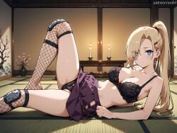 1girls ai_generated anilvl bangs bare_shoulders black_bra black_panties blonde_hair blue_eyes blush bra breasts candle cleavage closed_mouth clothes_lift collarbone earrings eyes_visible_through_hair feet_out_of_frame fishnet_socks fishnet_thighhighs fishnets food foot_out_of_frame fruit hair_ornament hair_over_one_eye hairclip high_ponytail indoors ino_yamanaka jewelry knee_pads knee_up kneehighs lace-trimmed_bra large_breasts legs long_hair looking_at_viewer lying medium_breasts miniskirt naruto naruto_(series) naruto_shippuden navel no_shoes on_back on_floor on_side open_clothes over-kneehighs panties partially_visible_vulva pleated_skirt ponytail purple_skirt skirt skirt_lift socks solo stomach table tatami thighhighs thighs underwear