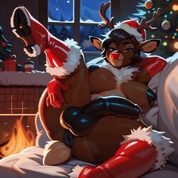 ai_generated anthro antlers anus ass balls breasts christmas christmas_tree deer futanari gloves nipples penis reindeer rudolph_the_red-nosed_reindeer santa_costume voluptuous