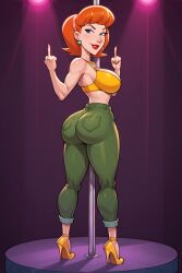 ai_generated ass big_ass big_breasts bra breasts disney ginger ginger_hair green_eyes green_pants, hairband heels linda_flynn-fletcher looking_at_viewer looking_back milf mother parent phineas_and_ferb pole pole_dancing smirk spotlight strip_club thick_ass thick_thighs tight_clothing yellow_bra